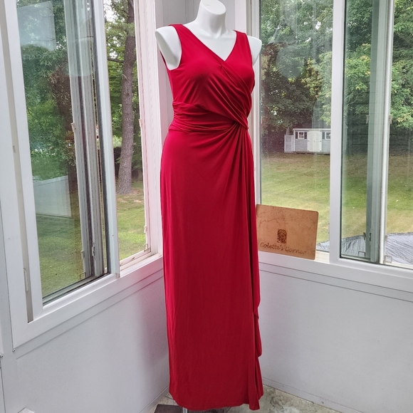 CHAPS Dark Red Stretch Jersey Faux Wrap Ruched Maxi Dress - Picture 11 of 11